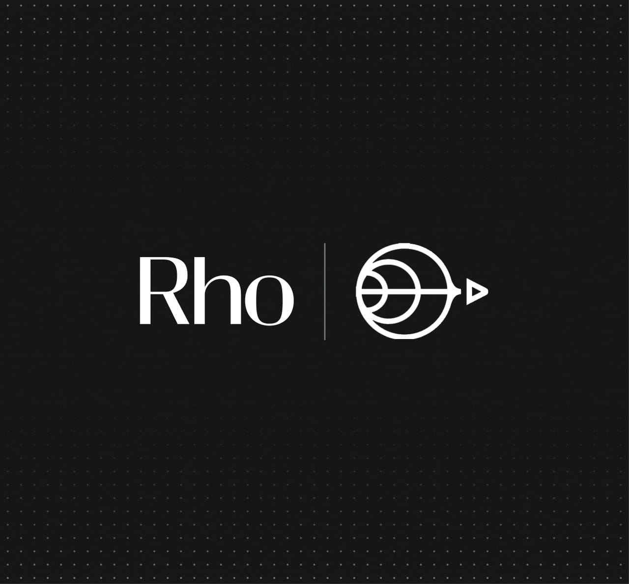 Black dotted background with white "Rho" word, thin vertical divider, and circular geometric logo of concentric arcs with a right-pointing triangle.
