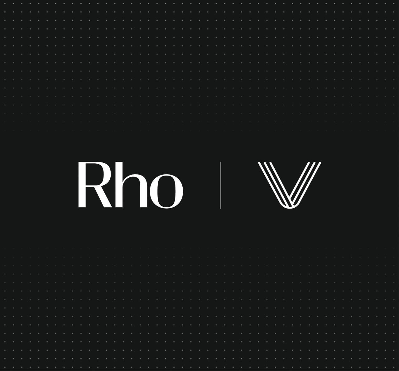 Black background with the text "Rho" and a stylized "V" logo in white, separated by a vertical line.