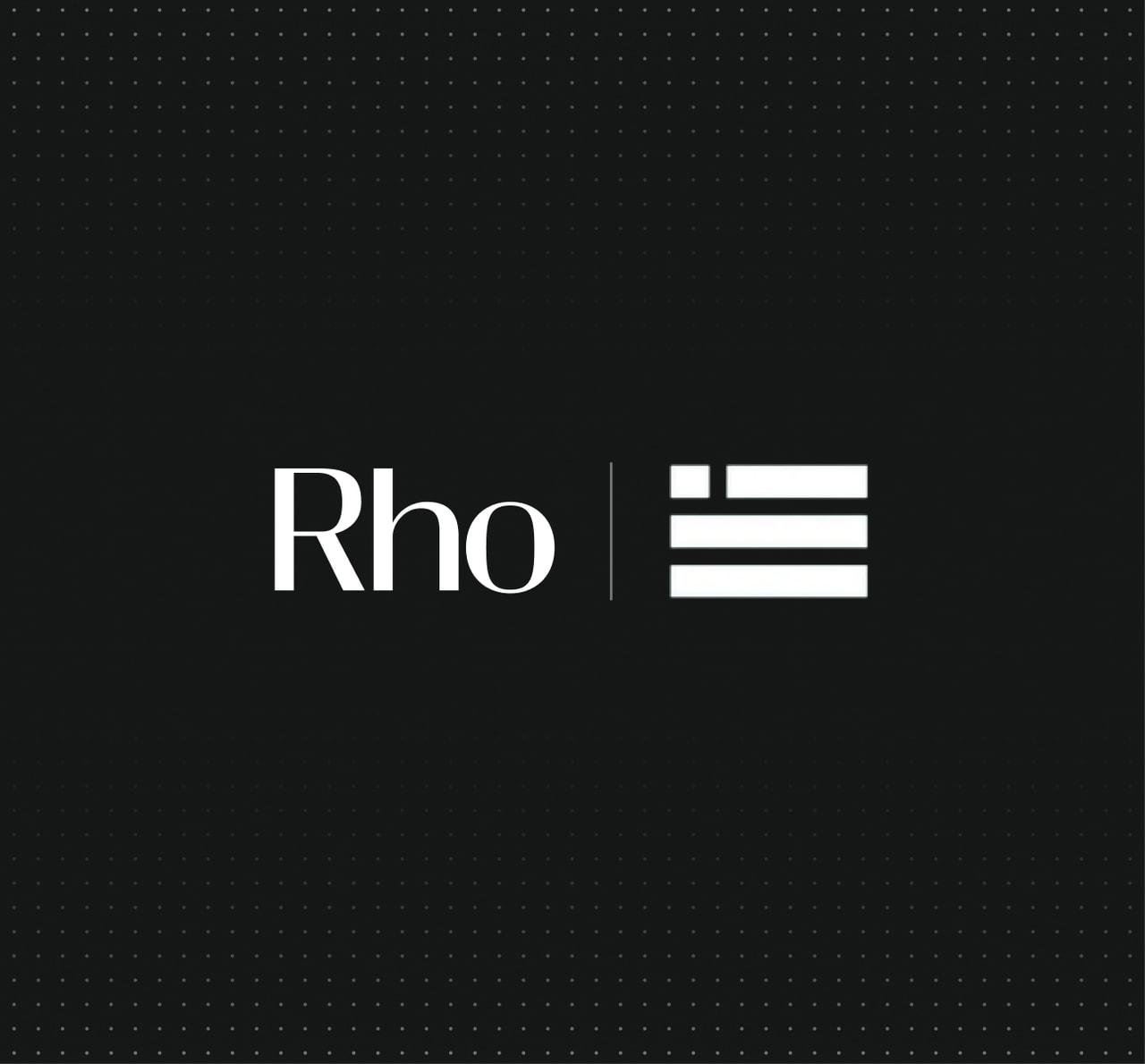 Black dotted background with "Rho" in white serif type, a thin vertical divider, and a white three-bar flag icon to the right.