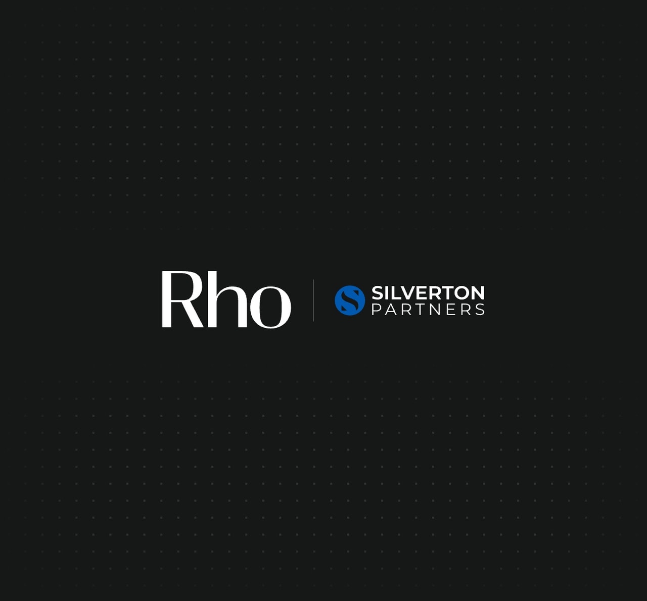 Black background with white "Rho" logo and blue "Silverton Partners" logo side by side in the center.