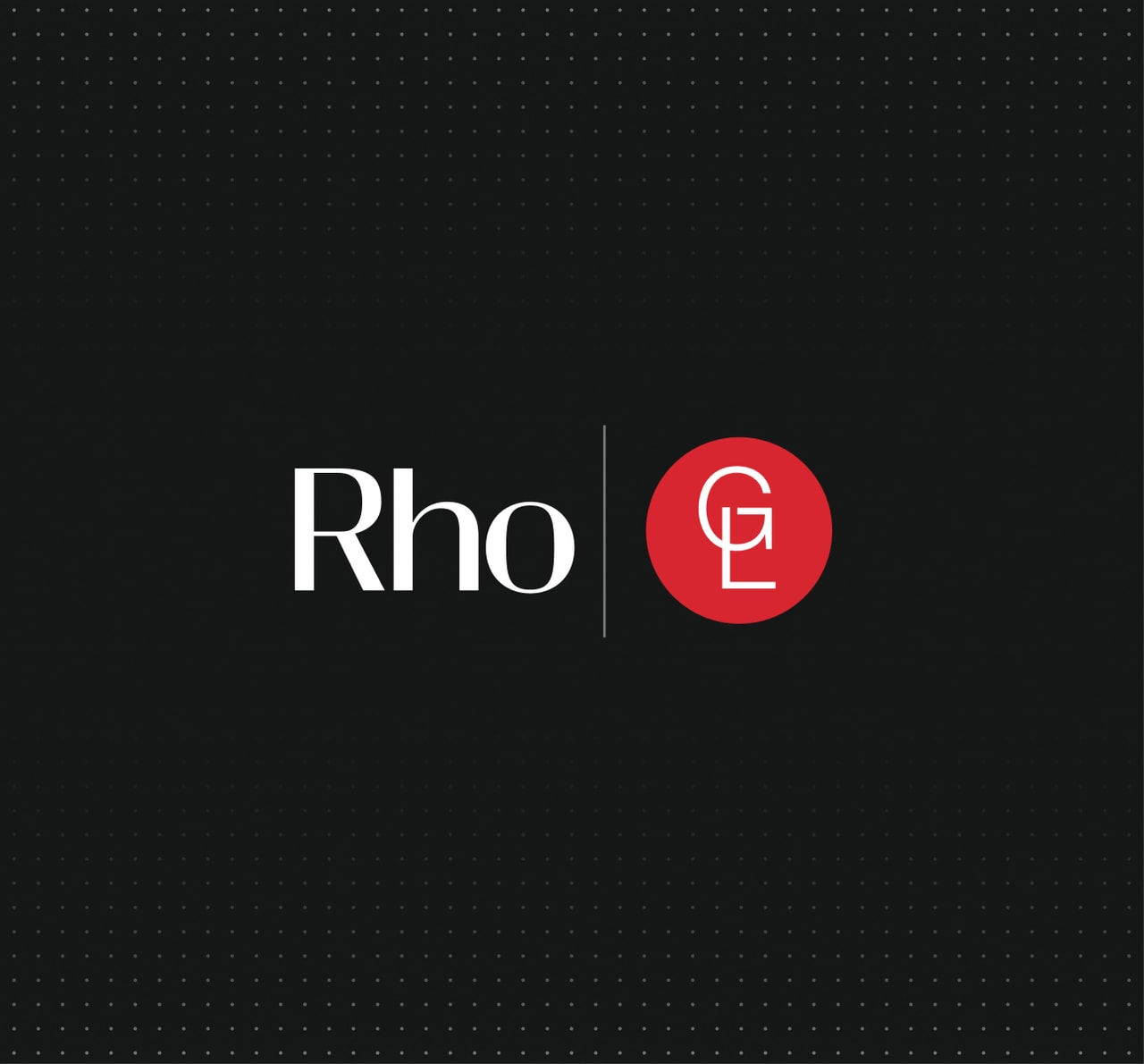 Black background with white text "Rho" and a vertical line separating a red circle containing a white stylized "GL" logo.