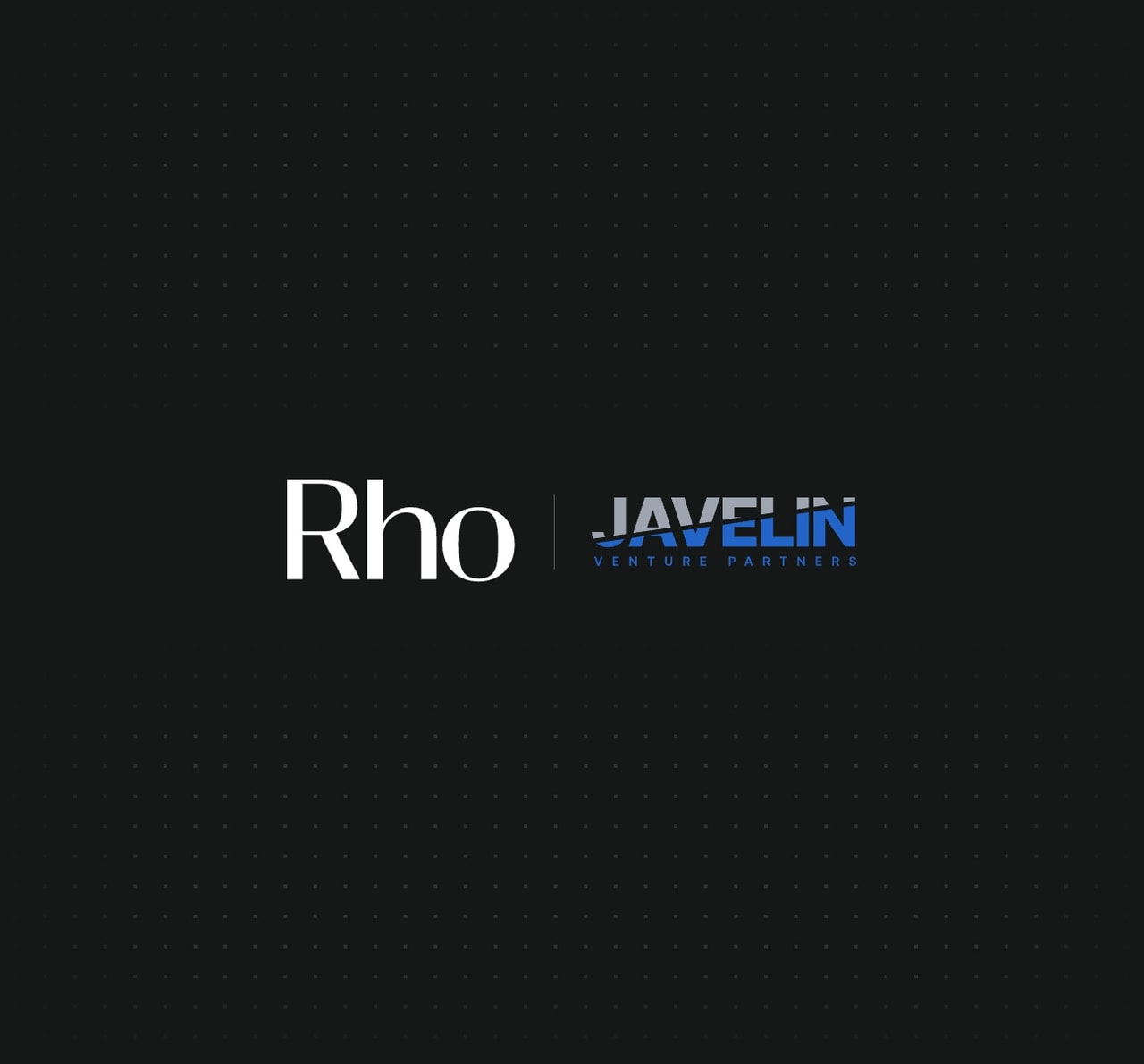 Logos of "Rho" in white and "Javelin Venture Partners" in blue on a dark background with subtle dots.