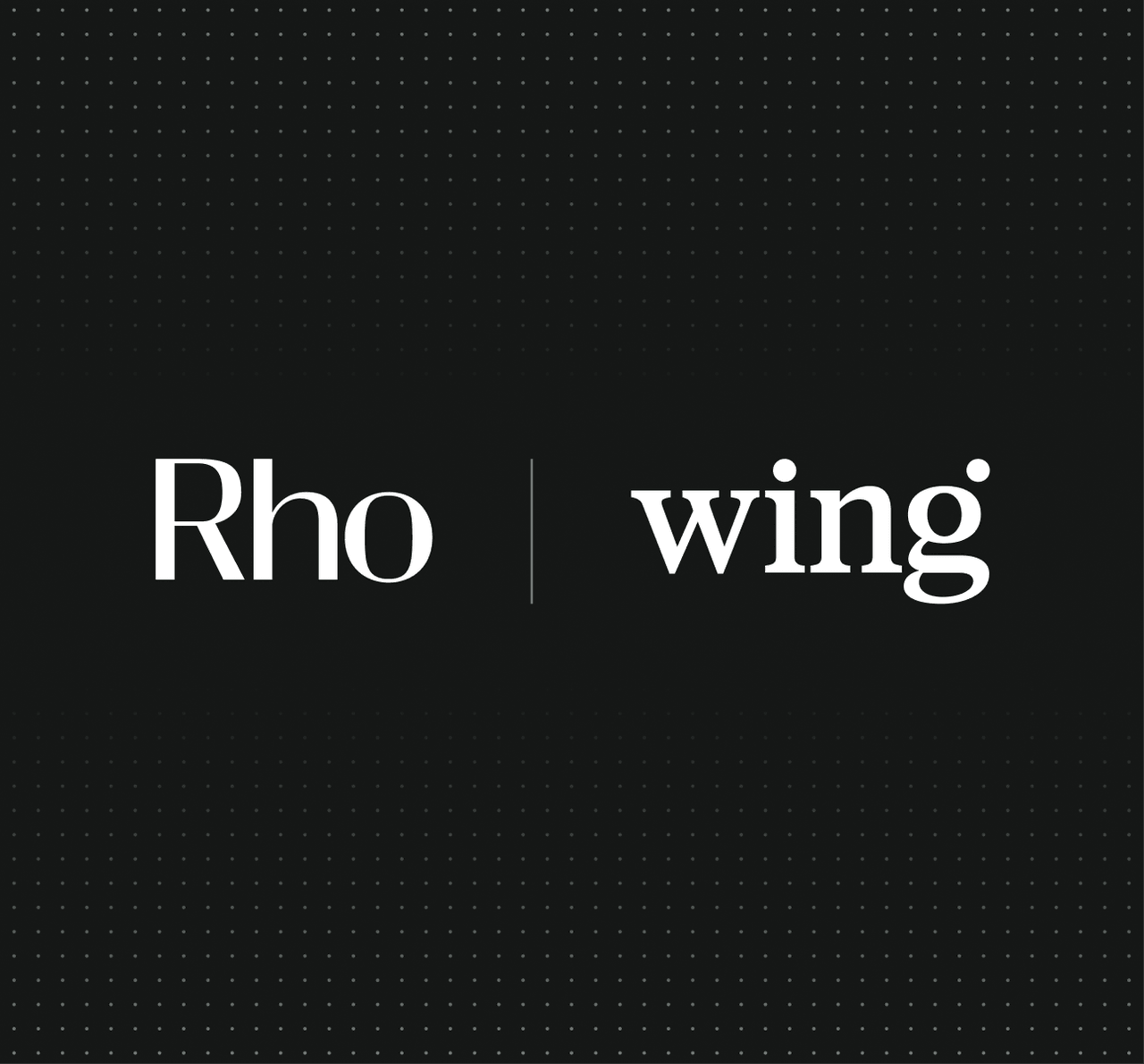 Black background with white text: "Rho | wing" in serif font. Subtle dotted pattern in the background.