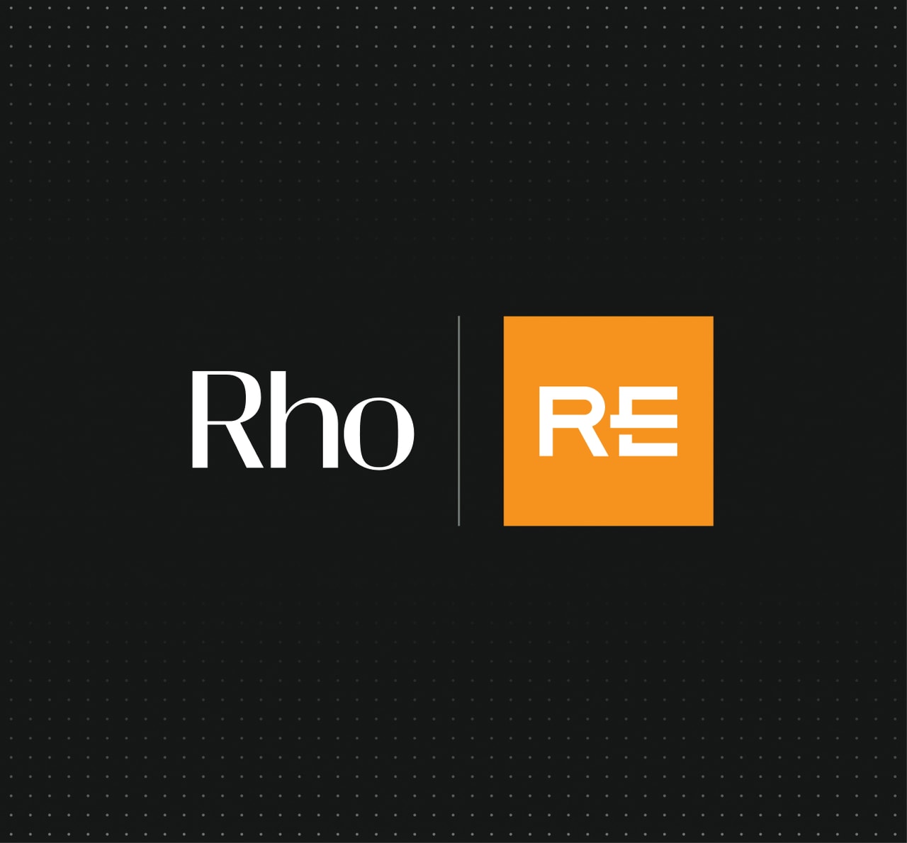 Black dotted background with "Rho" in white on left, thin vertical divider, and an orange square containing a stylized white "RE" on right.