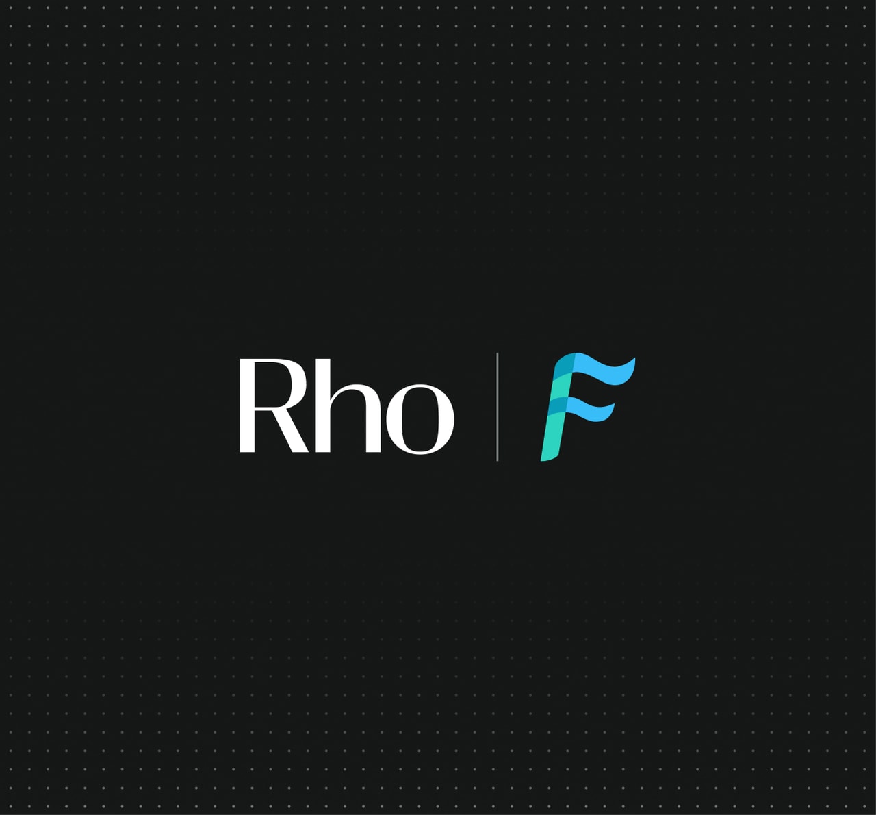 Dark dotted background with centered "Rho" wordmark separated by a thin vertical line from a blue-green ribbon-style "F" logo.