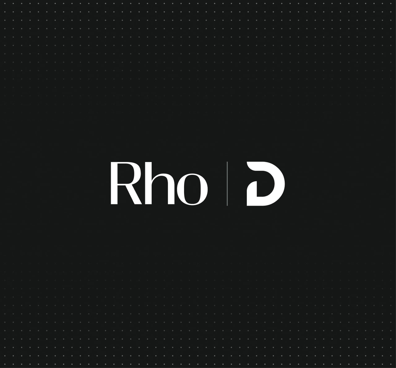 Black background with centered white "Rho" text, a thin vertical divider and a stylized "D" logo, faint dotted pattern.