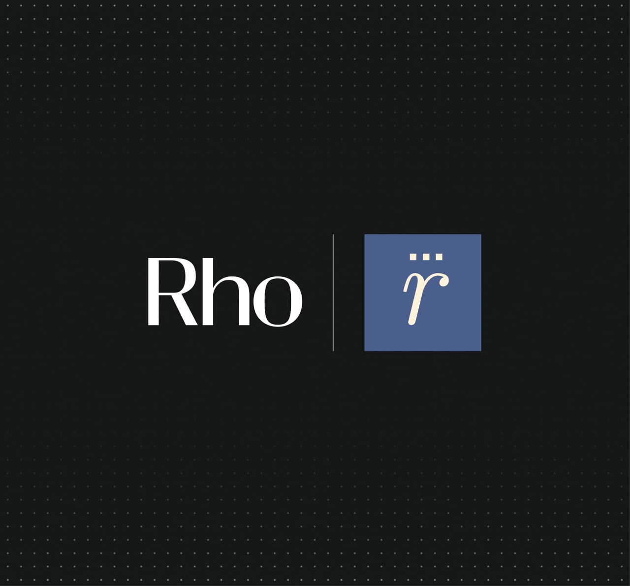 Black background with the text "Rho" in white and a divided purple square featuring a stylized "r" with two dots above.