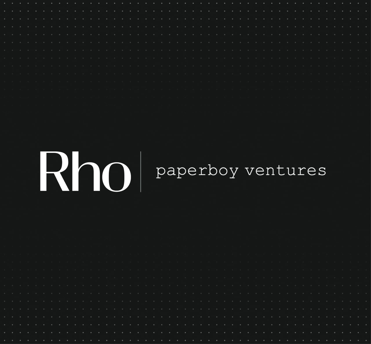 Black background with white text: "Rho | paperboy ventures" in a minimalist font style.