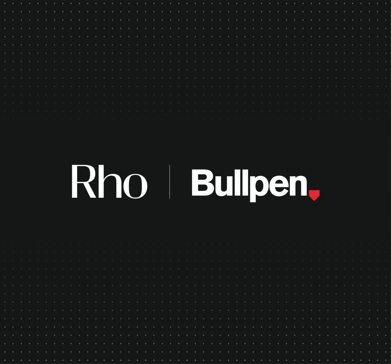 Black background with white text "Rho" and "Bullpen" separated by a vertical line. Subtle dotted pattern in the background.