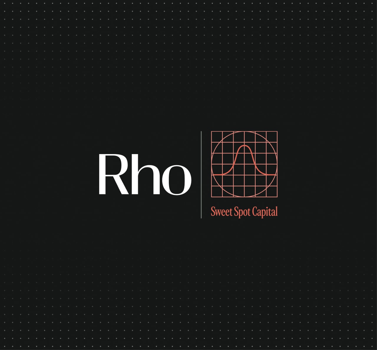 Black background with "Rho" in white and "Sweet Spot Capital" in red. A stylized graph is between the text elements.