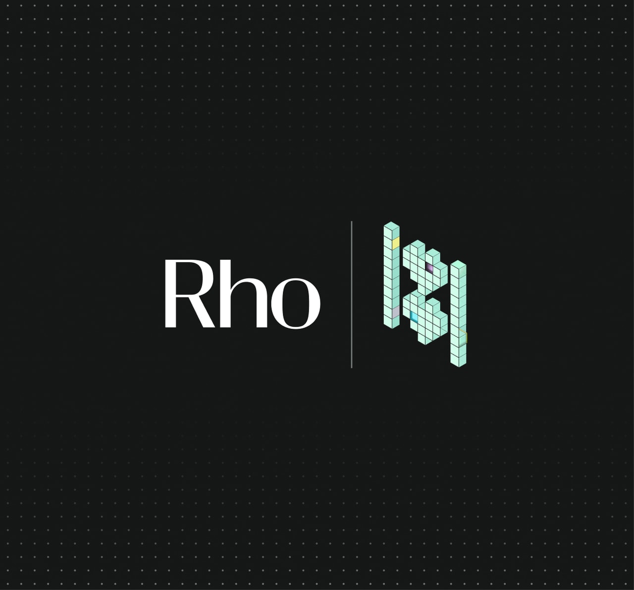 Black background with "Rho" in white text and a geometric design of turquoise blocks on the right.