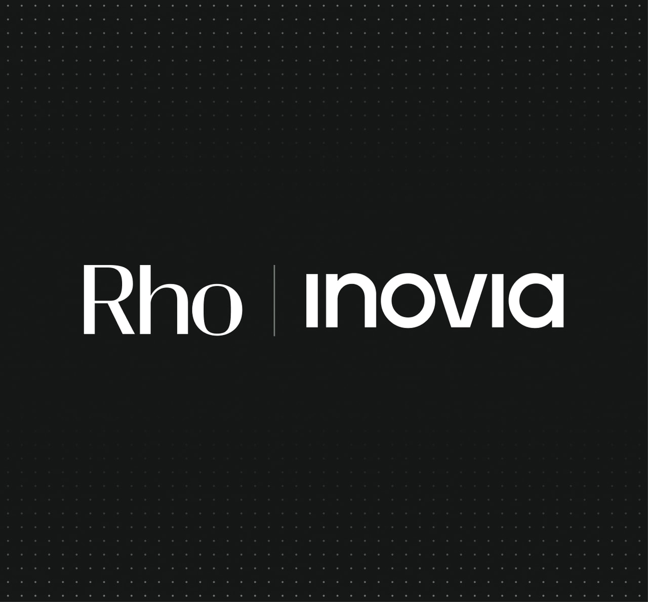 The image shows the words "Rho inovia" in white text on a black background with a dotted pattern.