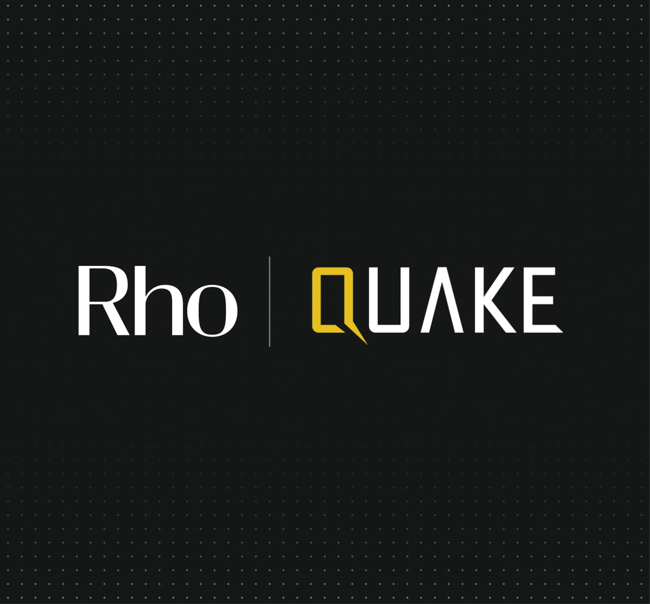 Black background with white text "Rho" and "QUAKE" in bold, separated by a vertical line. Yellow accent on the letter "Q".