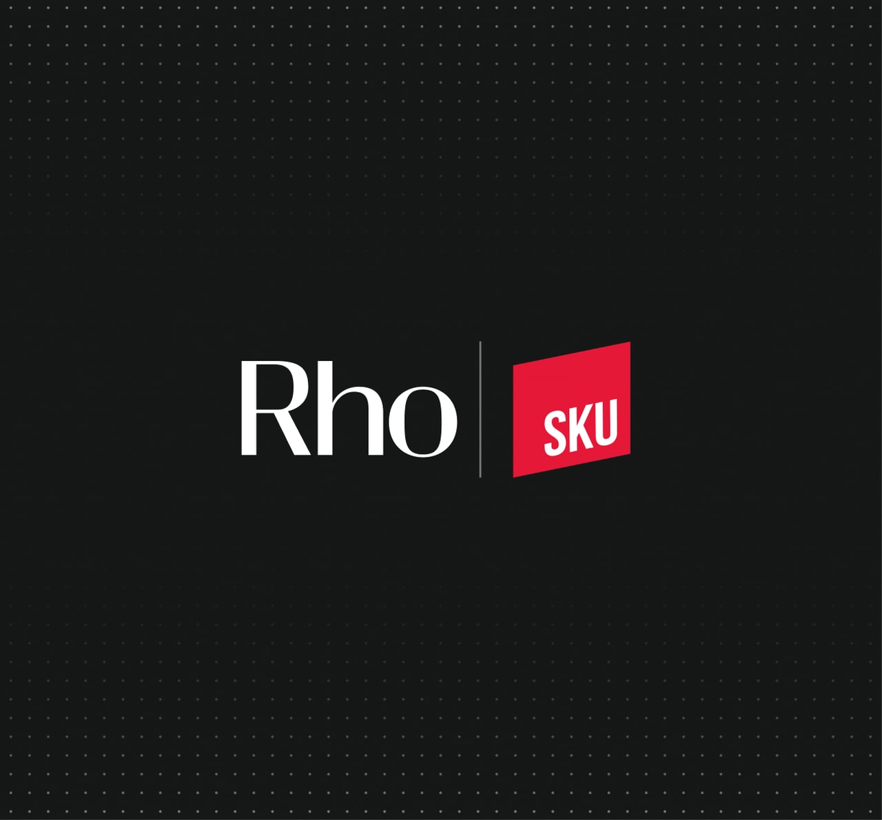 Black background with white text "Rho" and a red rectangle containing "SKU" in white. Subtle dotted pattern in the background.
