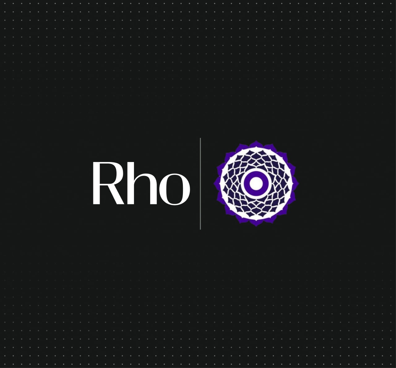 Black background with the word "Rho" in white and a geometric purple and white circular pattern to the right.