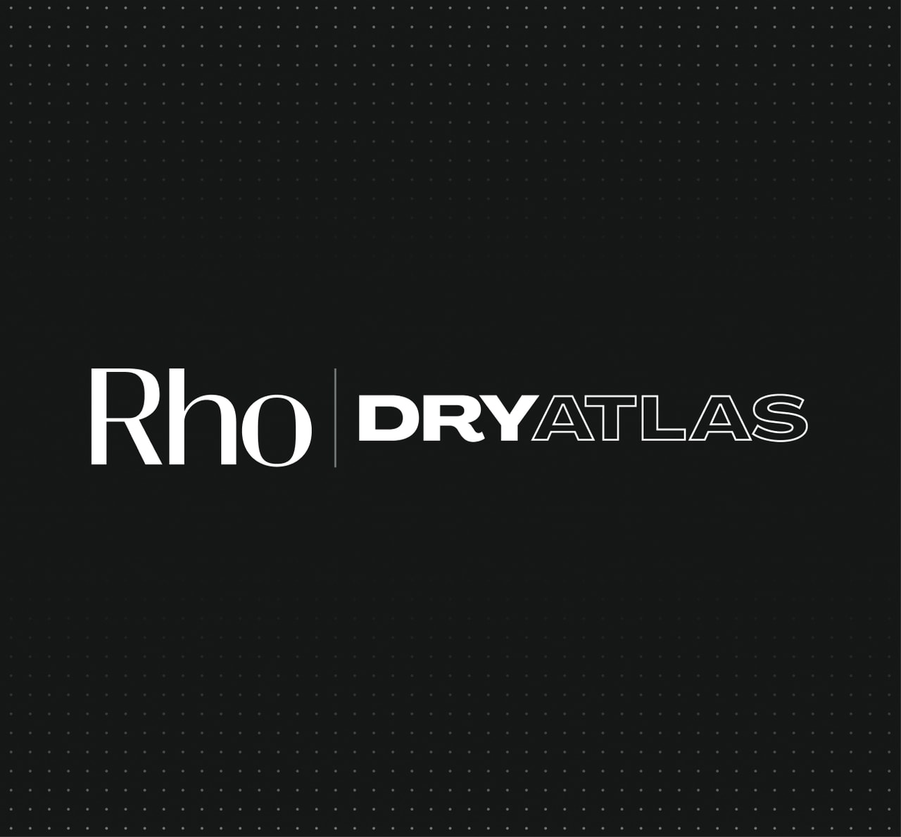 Black background with white text: "Rho | DRYATLAS" in bold, modern font. Subtle dotted pattern in the background.