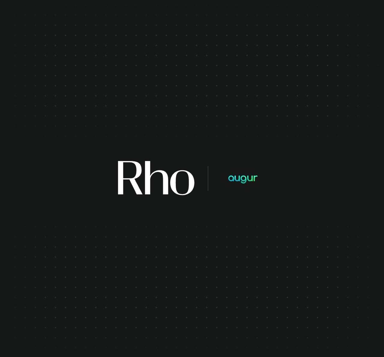 Black background with dotted pattern, featuring "Rho" in white and "augur" in teal text, centered.