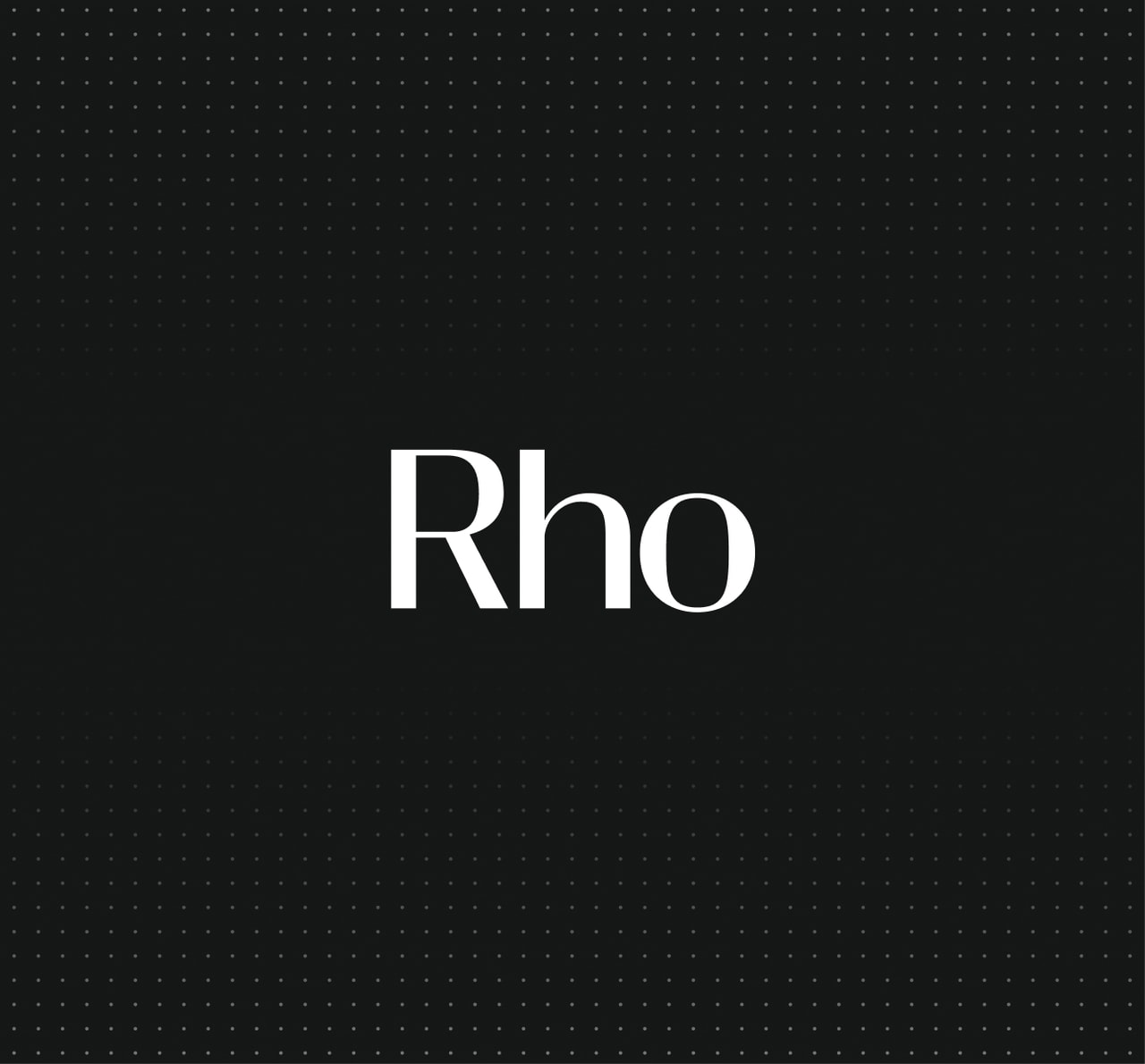 The image features the word "Rho" in white text centered on a black background with a subtle dotted pattern.