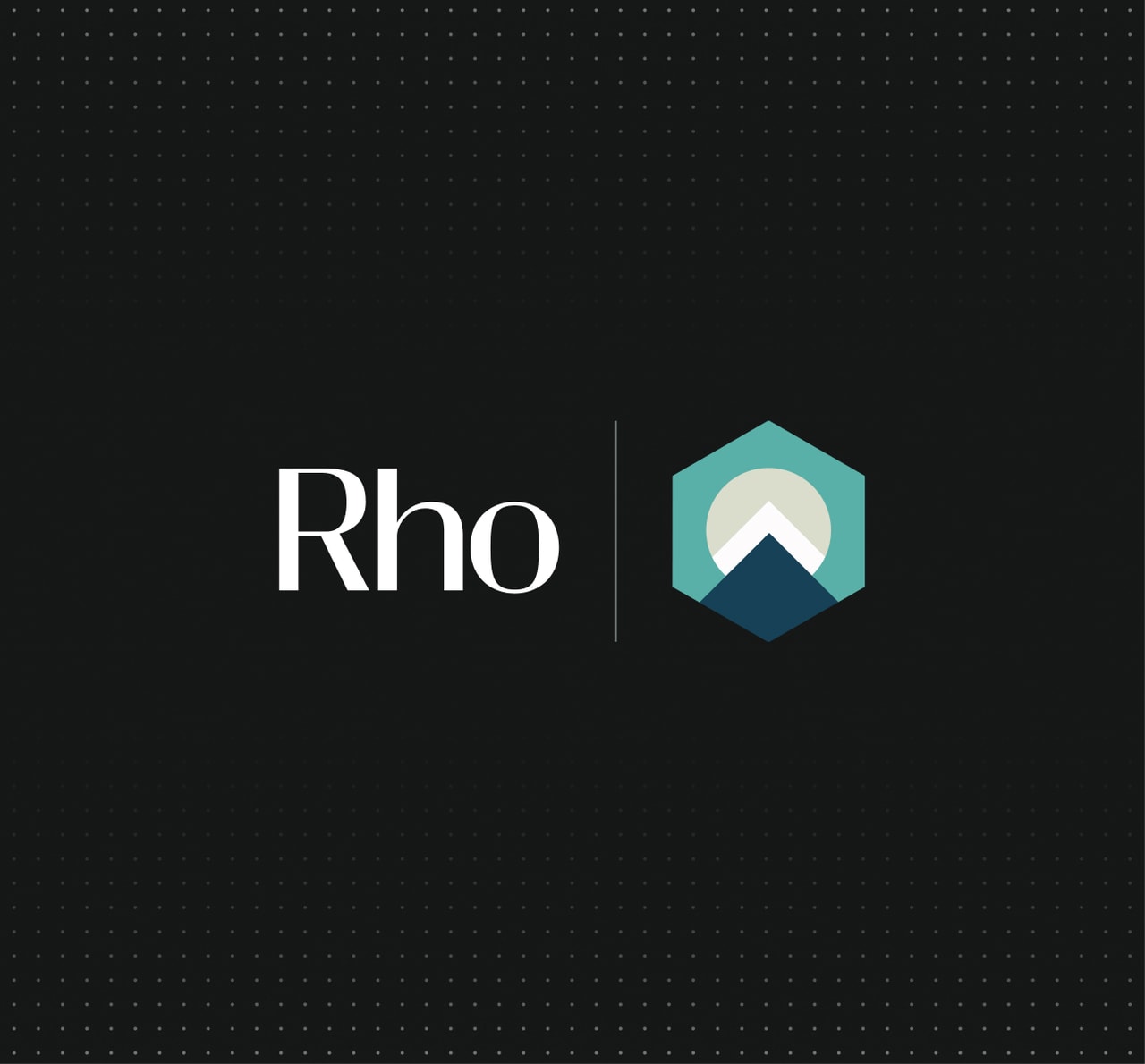 Logo with the text "Rho" and an abstract hexagonal emblem, featuring geometric shapes in teal, blue, and white on a dark background.