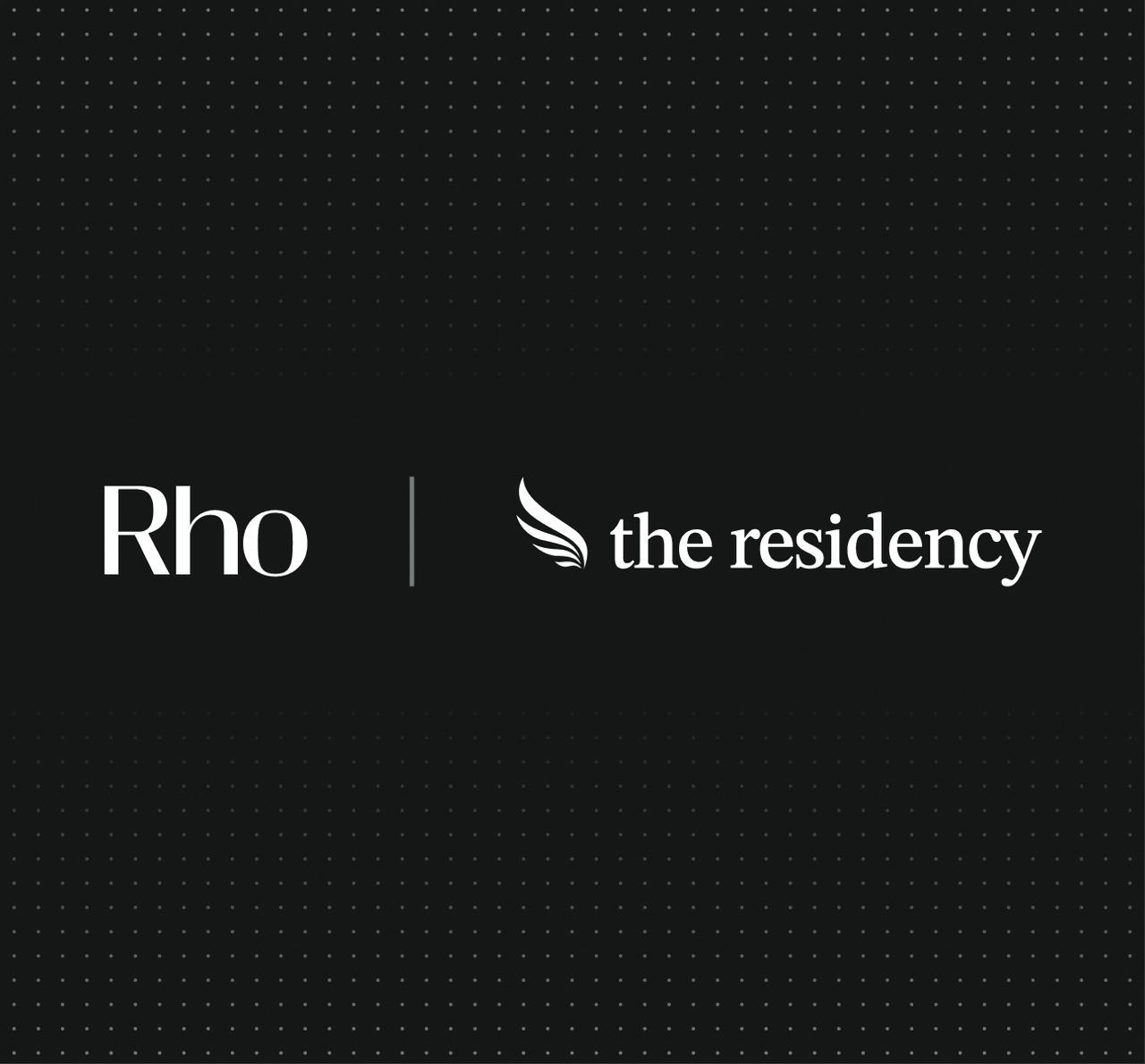 Black background with "Rho" and "the residency" in white text, separated by a vertical line and a wing-like symbol.