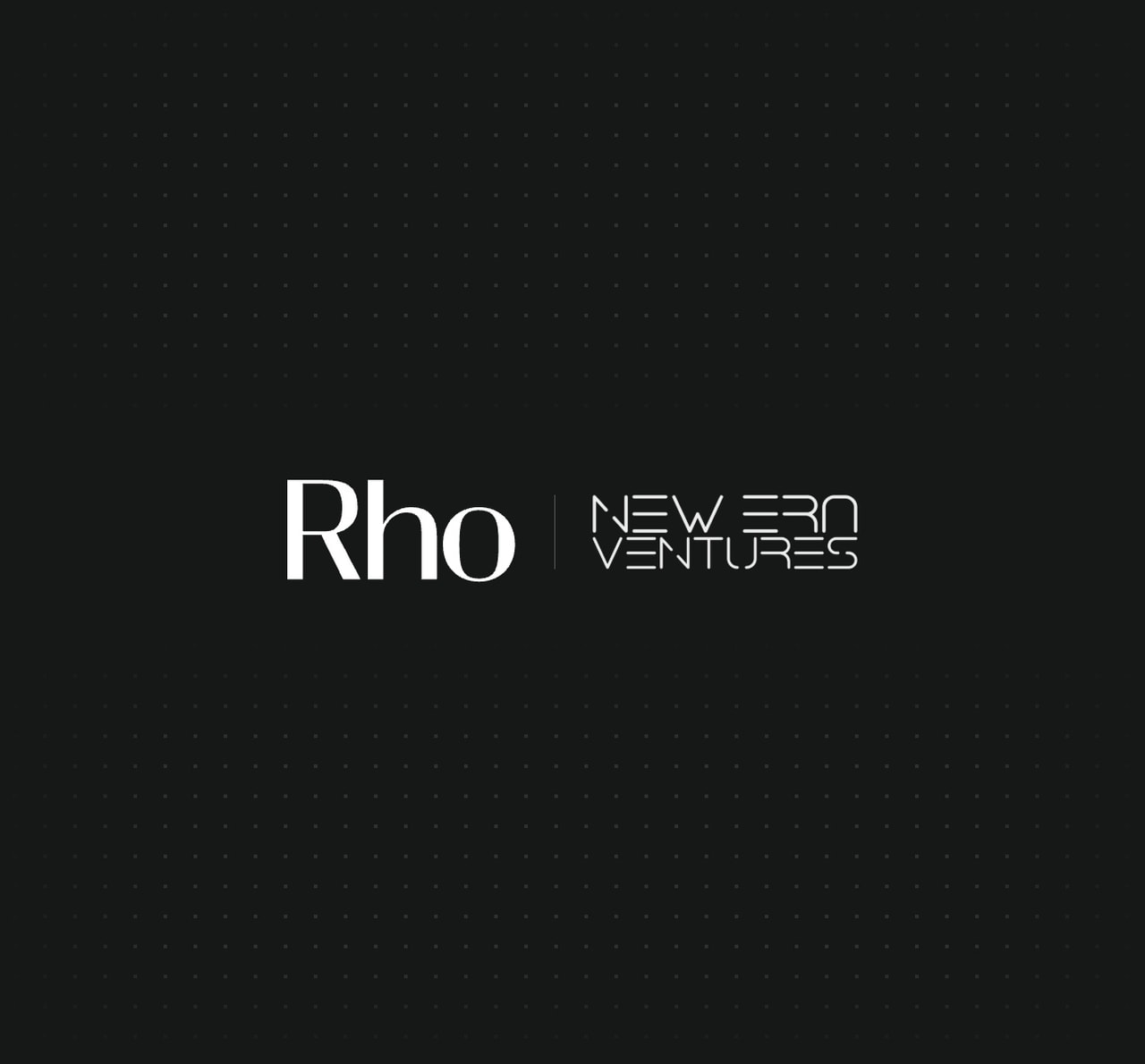 Text "Rho | New Era Ventures" on a black background with subtle dotted pattern.