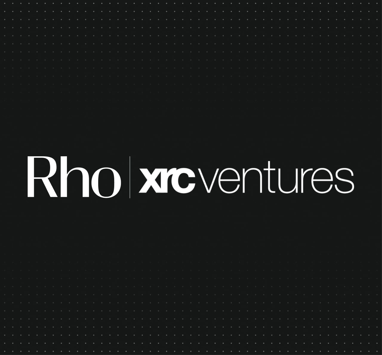 White "Rho | xrc ventures" logo centered on a dark, subtly dotted background.
