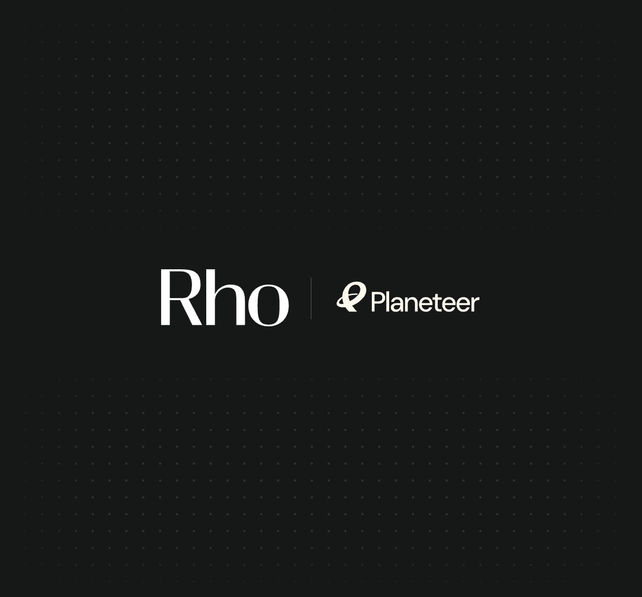 Black background with "Rho" and "Planeteer" logos in white. Thin vertical line separates the two logos. Small dotted pattern throughout.