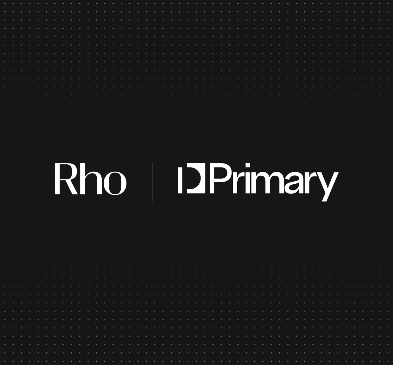 Logos of "Rho" and "Primary" on a black background with subtle dotted pattern.