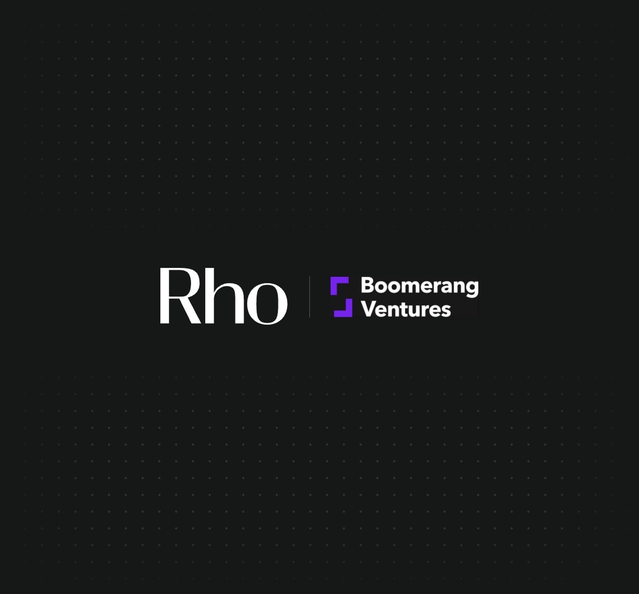 Logo featuring "Rho" and "Boomerang Ventures" with a black background and subtle dotted pattern.