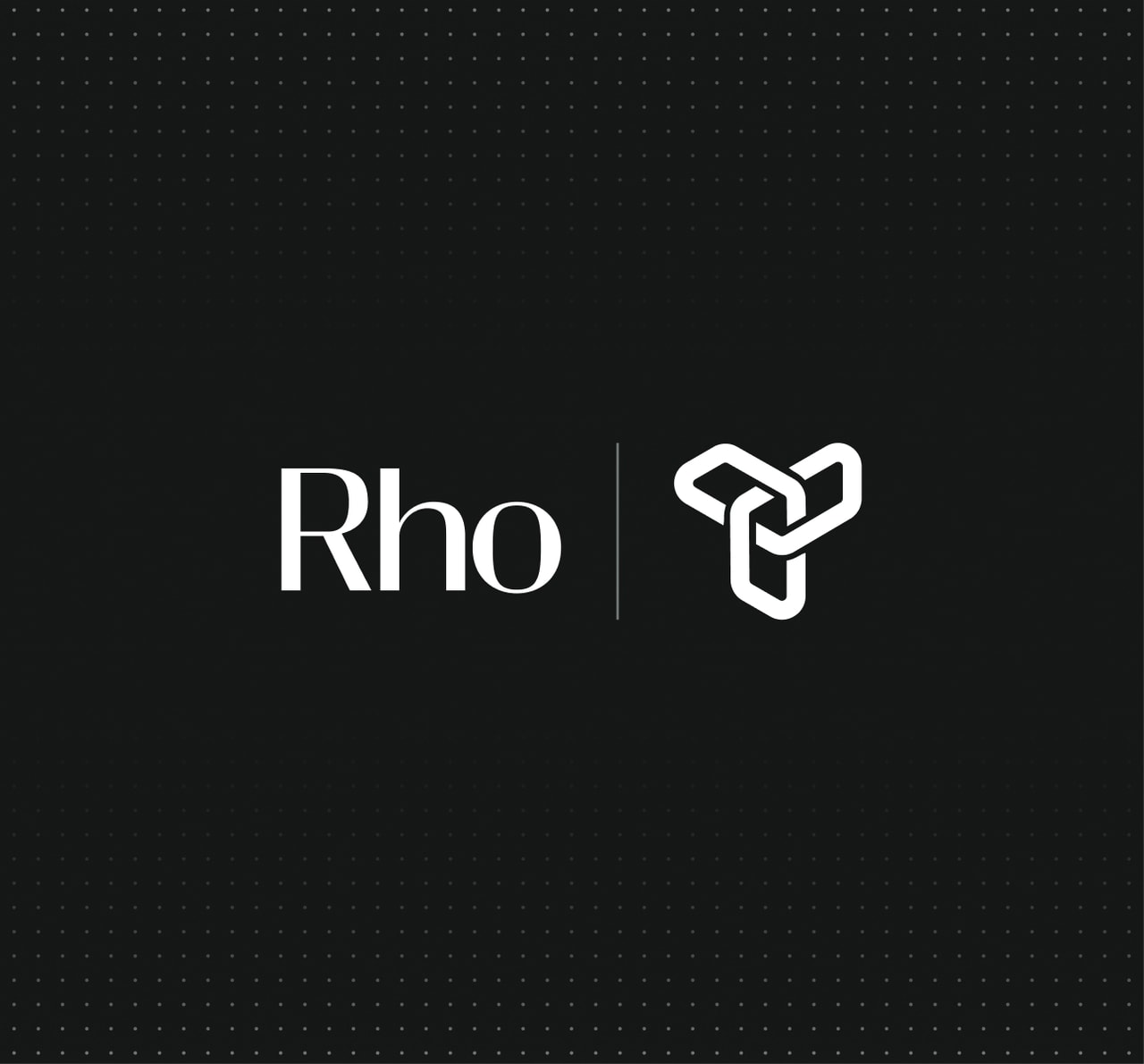 White "Rho" wordmark left of a thin divider and a white interlocking triangular logo on a dark, dotted background.