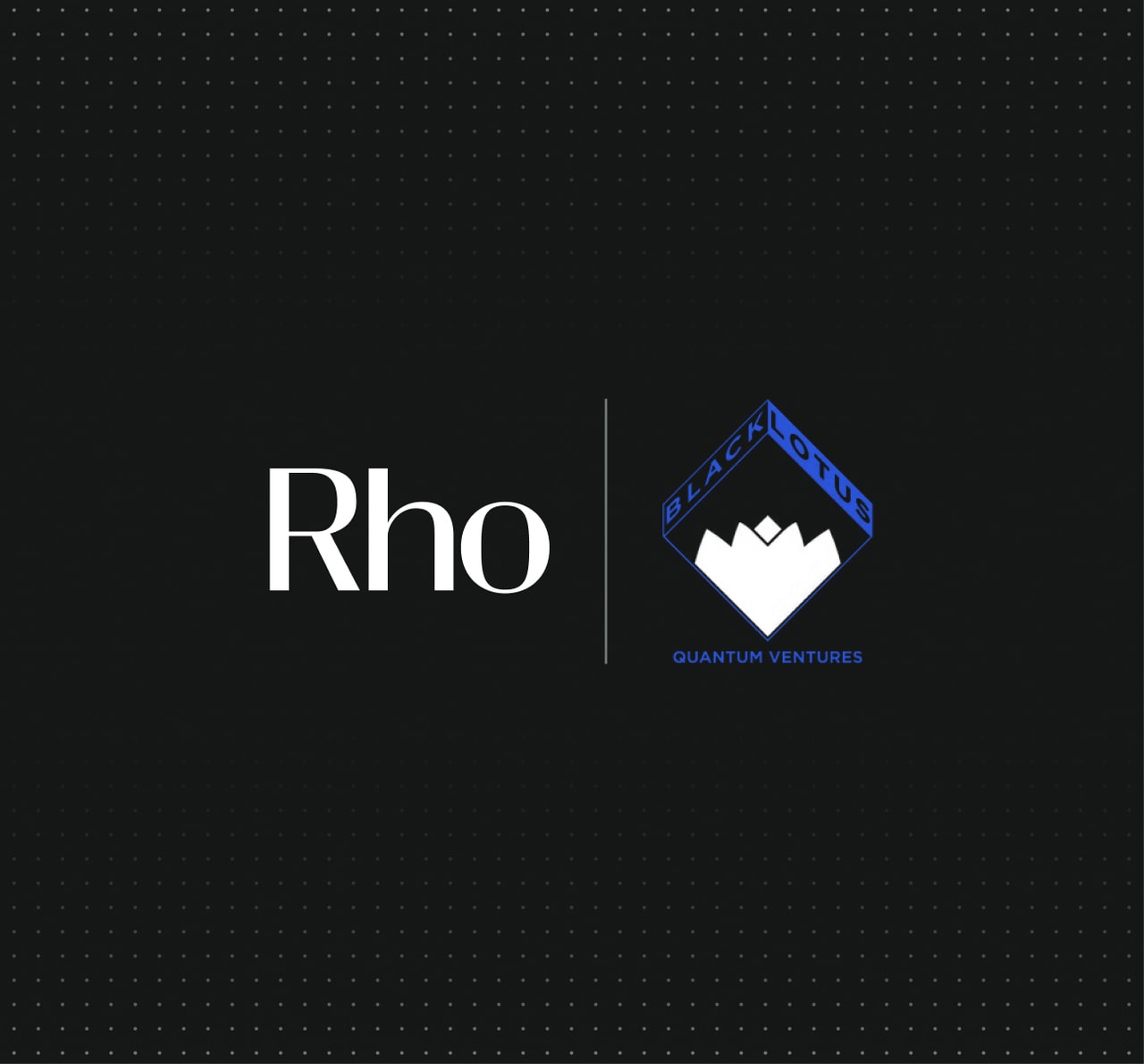 White "Rho" logo left and blue diamond "Black Lotus Quantum Ventures" logo right, separated by a thin vertical line on a dark dotted background.