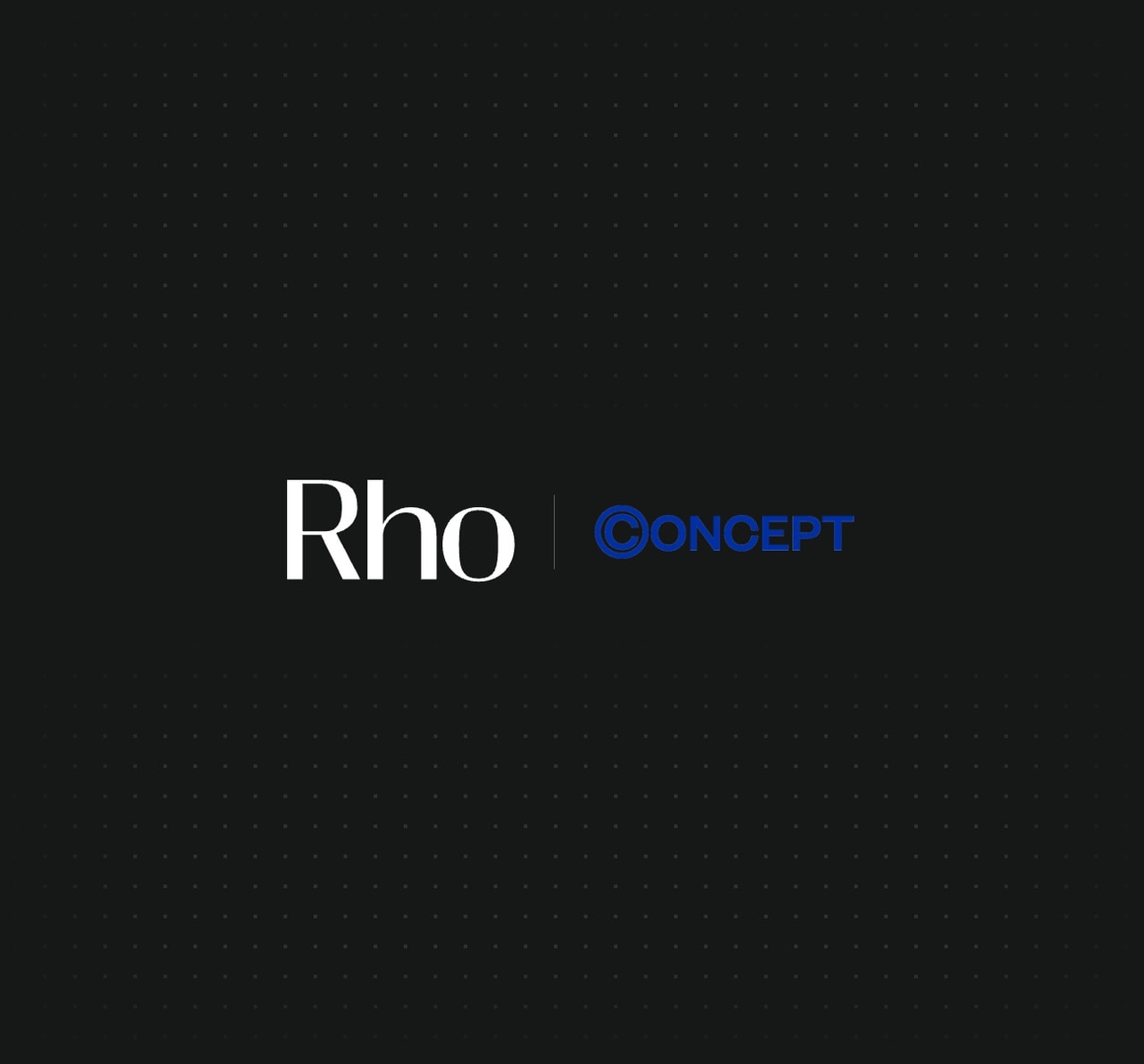 Black background with "Rho" in white and "CONCEPT" in blue, separated by a line, featuring a dotted pattern.