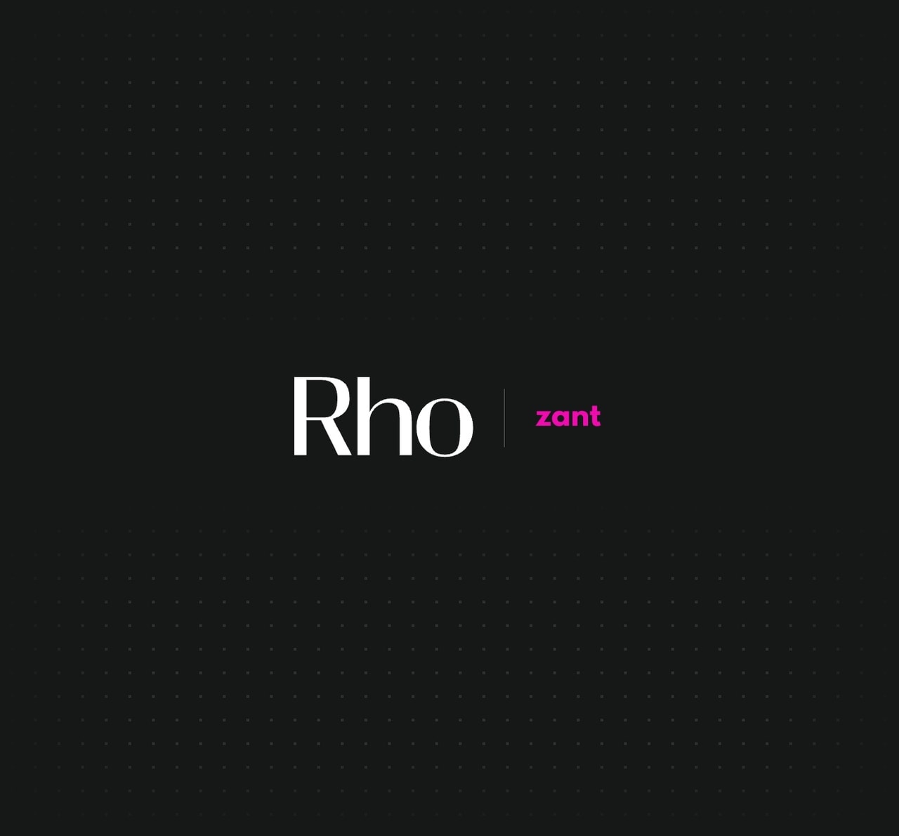 Stylized text "Rho | zant" on a dark background. "Rho" is in white, and "zant" is in pink. Subtle dotted pattern in the backdrop.
