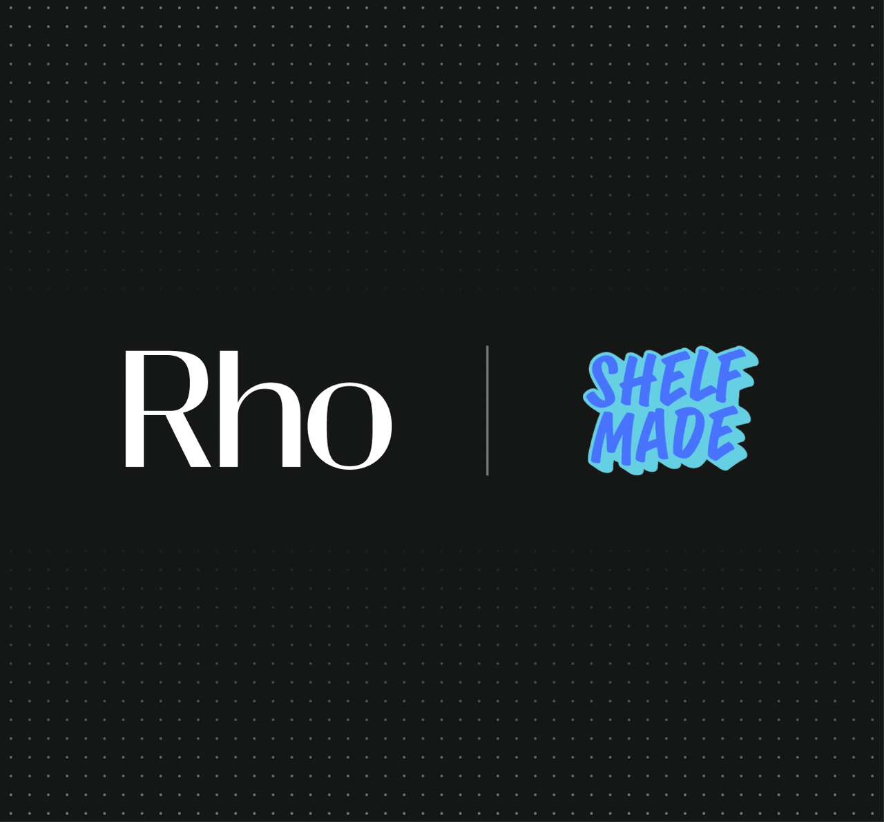 Black background with dotted pattern featuring "Rho" in white and "Shelf Made" in blue stylized text, separated by a vertical line.