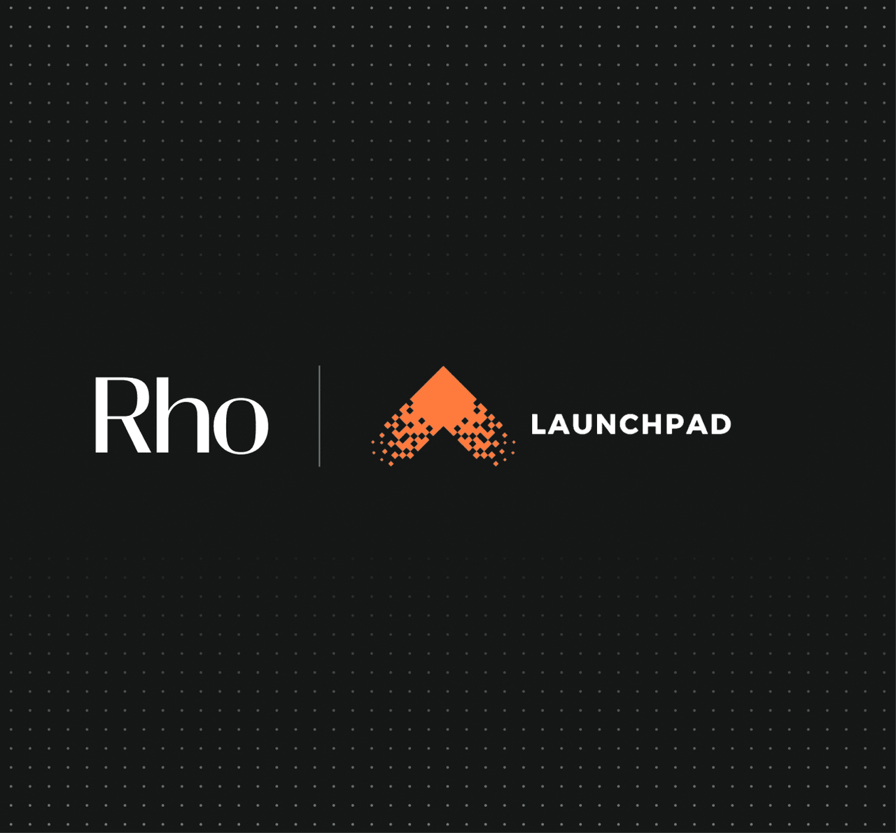 Logo with "Rho" on the left and an orange triangle design next to "LAUNCHPAD" on the right, set against a dotted black background.