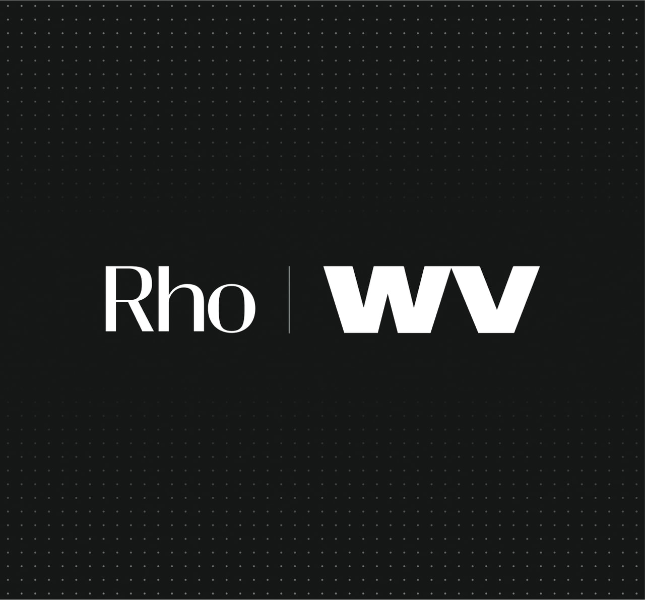 Black background with the text "Rho | WV" in white. The design features a subtle grid of small dots.