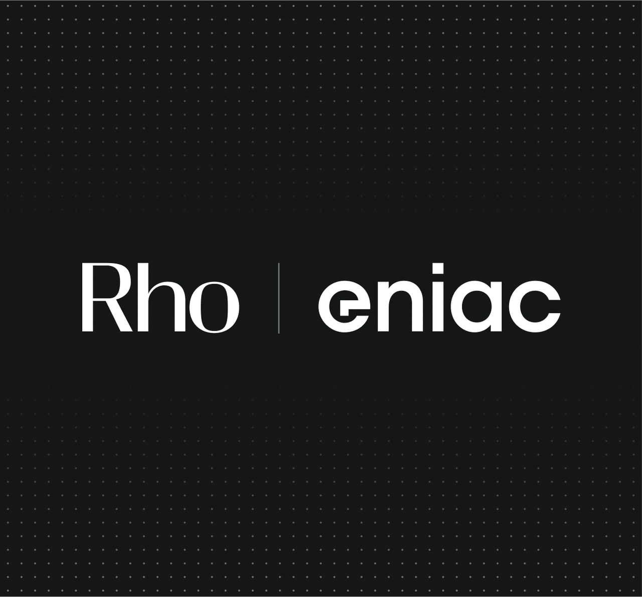 Black background with white text: "Rho | eniac" in a modern font.