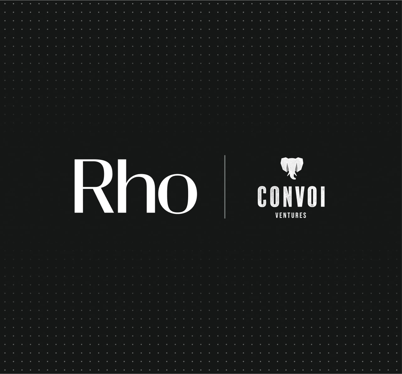 Black background with white text: "Rho" and "Convoi Ventures" separated by a vertical line. Convoi Ventures logo features an elephant head.