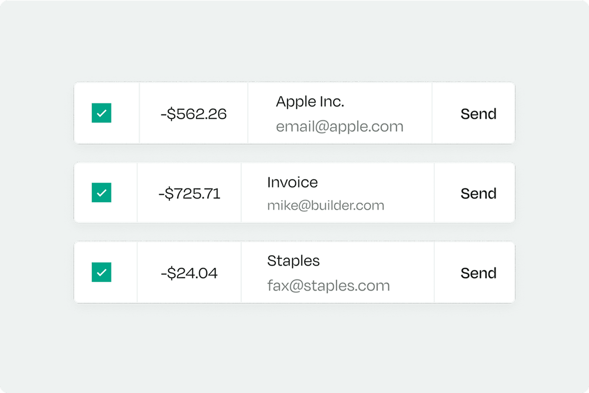 A list of three financial transactions with amounts, recipient email addresses, and "Send" buttons for Apple Inc., Invoice, and Staples.