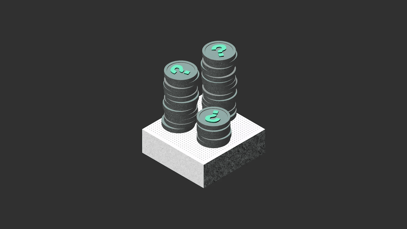 Stacks of dark coins with green question marks on a textured platform against a dark background.