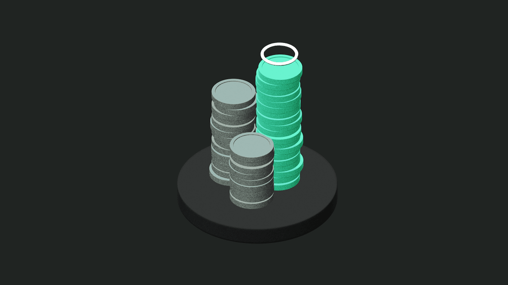 Two stacks of coins on a dark circular platform, one stack is gray and the other is green, with a glowing top coin.