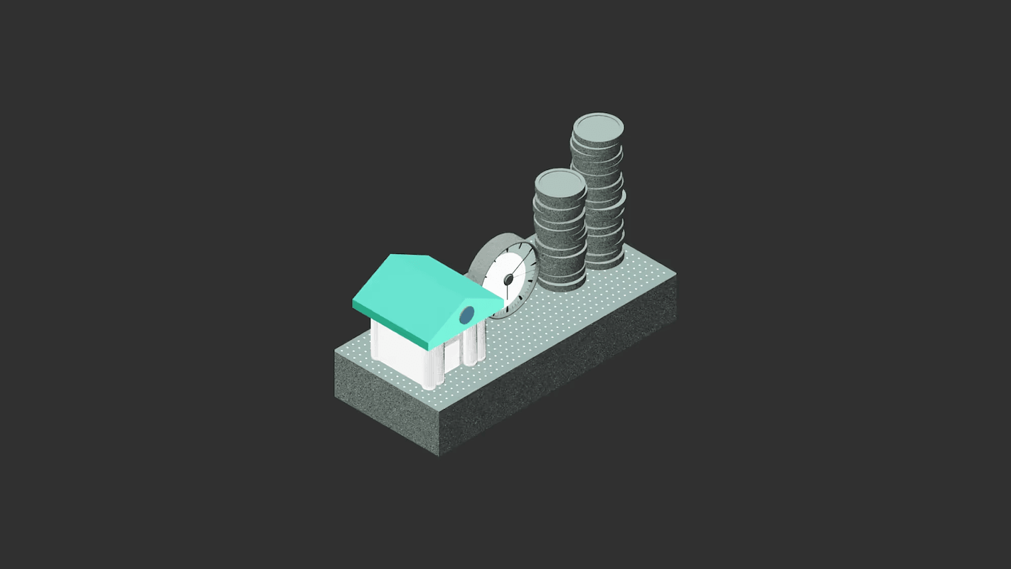 Isometric illustration of a house, a clock, and stacked coins on a platform, symbolizing time and financial investment.