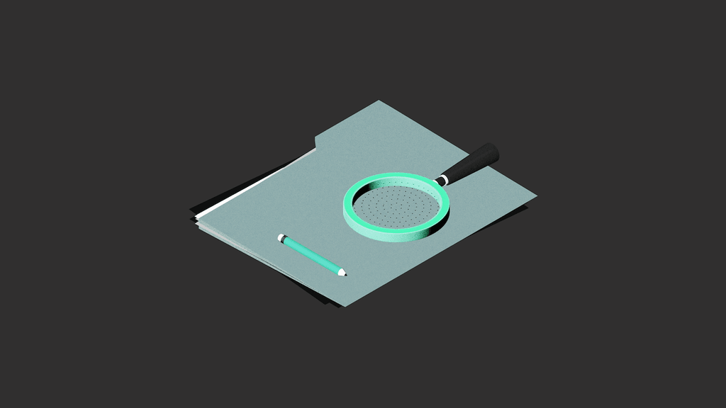 A magnifying glass and pencil rest on a stack of papers against a dark background.