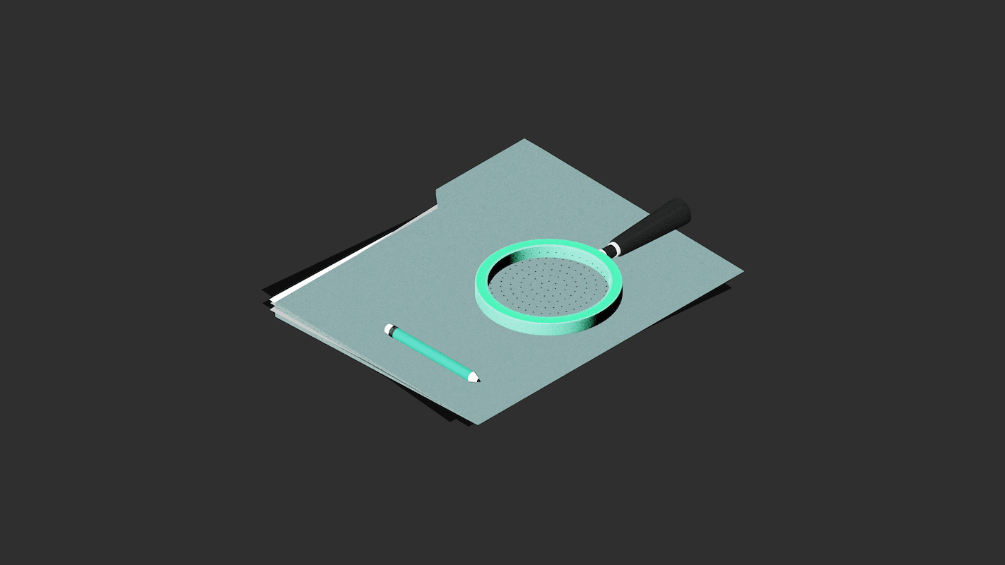 A magnifying glass and pencil rest on a stack of papers against a dark background.