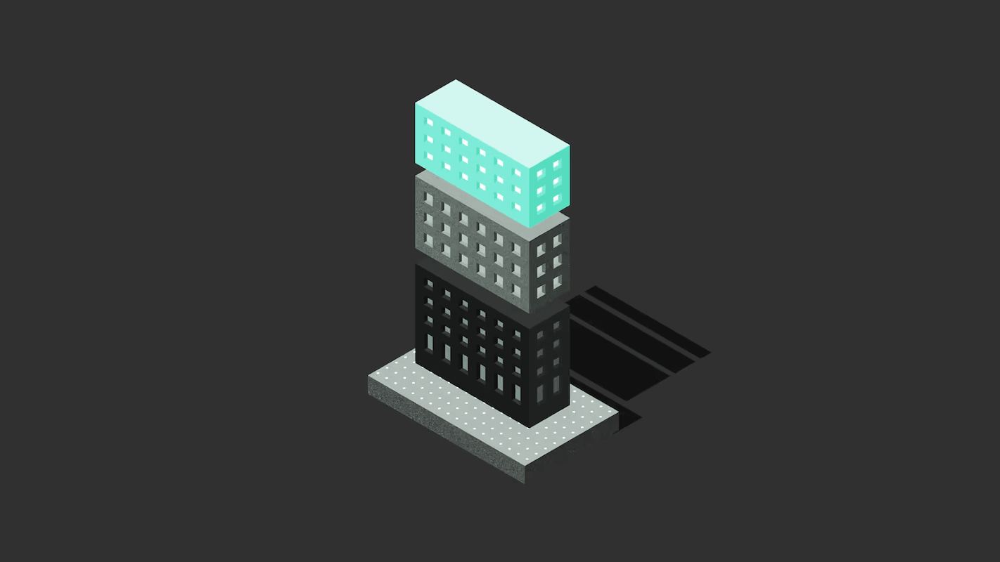Isometric illustration of a multi-story building with a teal top section, dark middle and base, on a dark background.