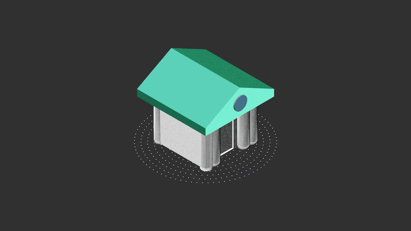 A stylized, geometric house with a teal roof and cylindrical pillars on a dark background.
