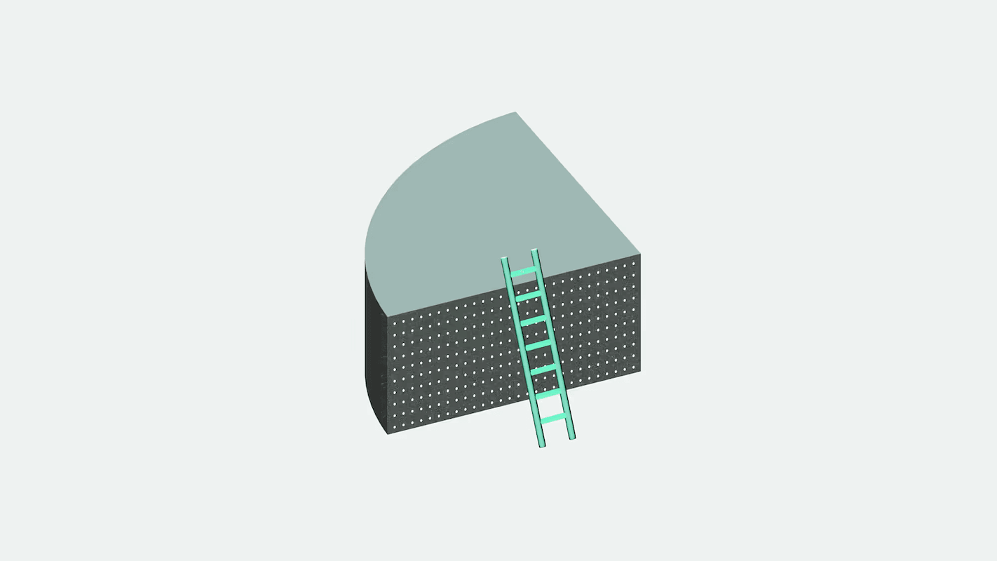 A 3D illustration of a gray, quarter-circle block with a dotted texture, featuring a teal ladder leaning against it.