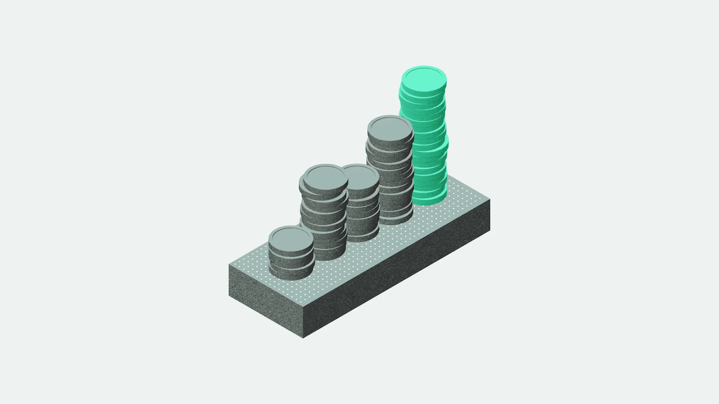 Illustration of four stacks of coins on a platform, increasing in height from left to right, symbolizing growth or financial progress.