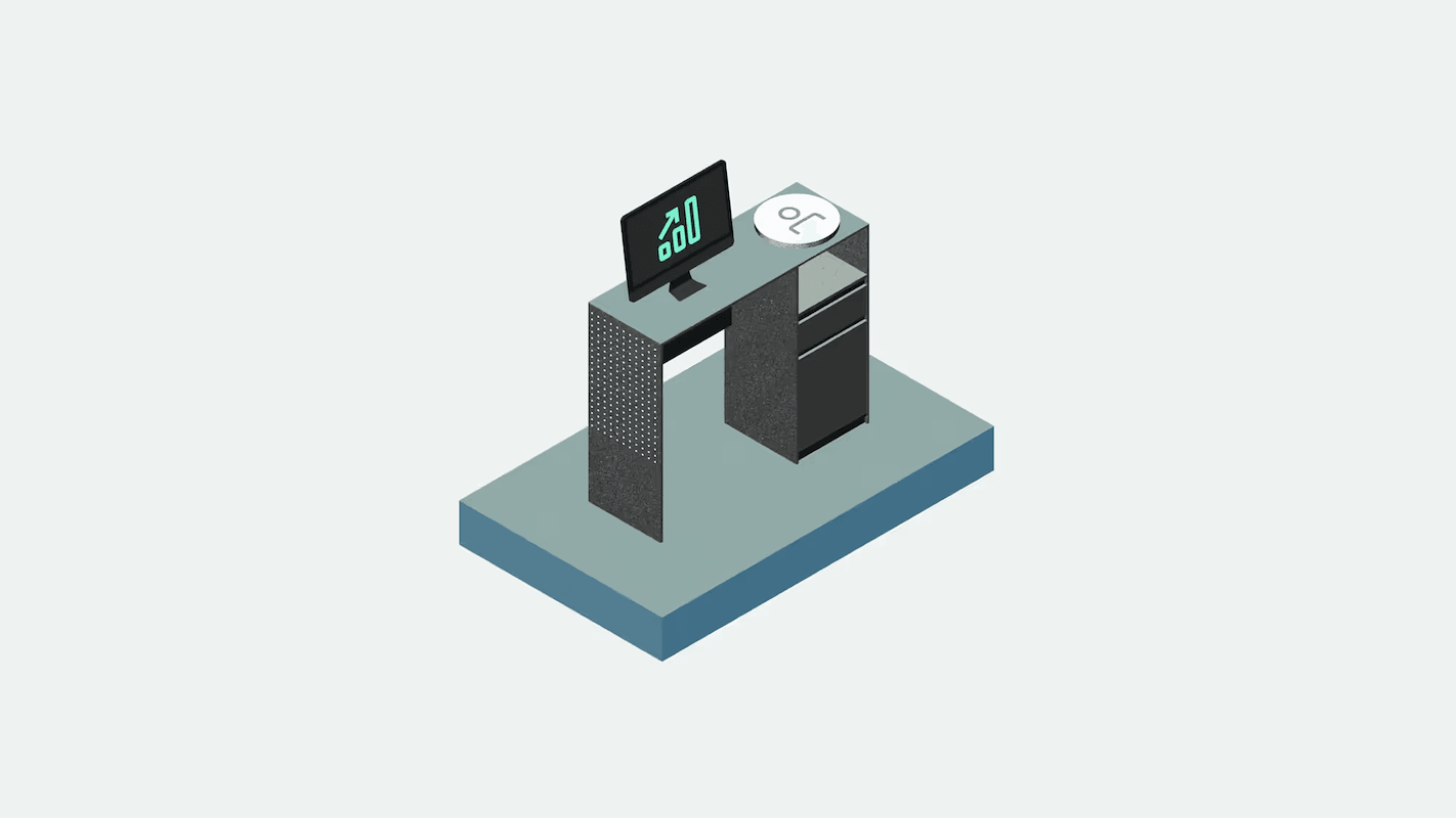 Isometric illustration of a modern desk with a computer displaying "AI 600" and a round white object on top, set on a blue platform.