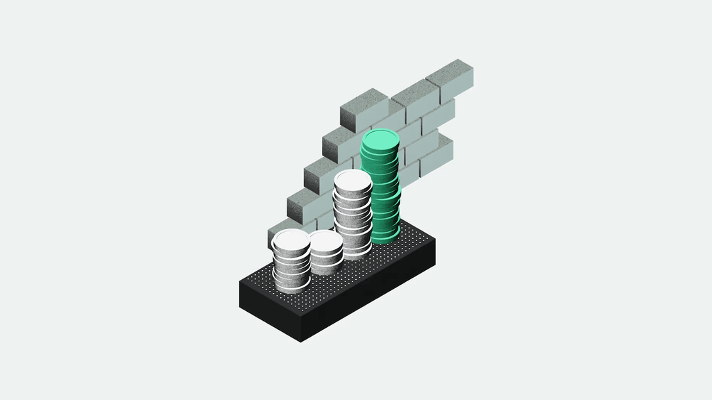 Stacks of coins in ascending order on a black platform, with a background of gray and green blocks forming an upward arrow.